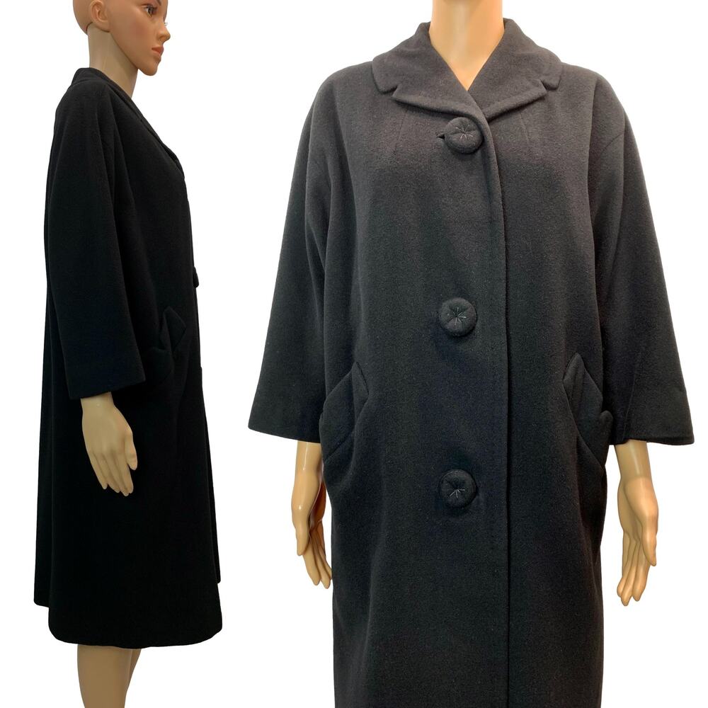 50s Fleurette Black 100% Cashmere Coat 3/4 Sleeves Mid Century S
